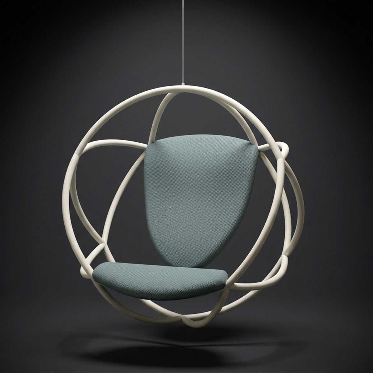 Kora with a soft satin white frame and slate blue-agave pads, hanging in a dark spotlit studio