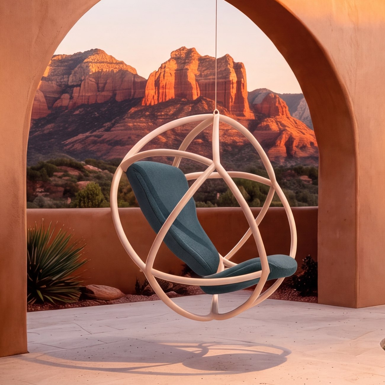 Kora, a white sphere of rings with two blue-agave pads, hanging in a golden-hour adobe arch that opens onto the red rocks and sky of Sedona