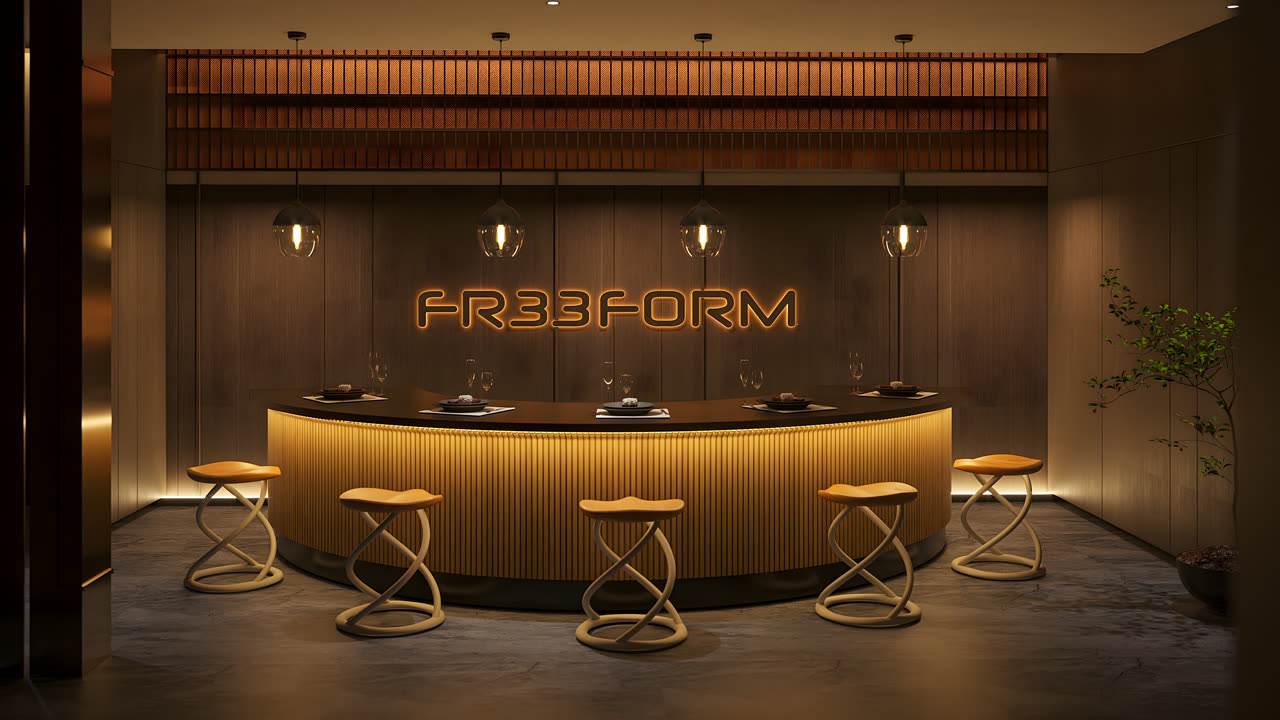 Flux spiral stools along a curved bar beneath a glowing FR33FORM sign