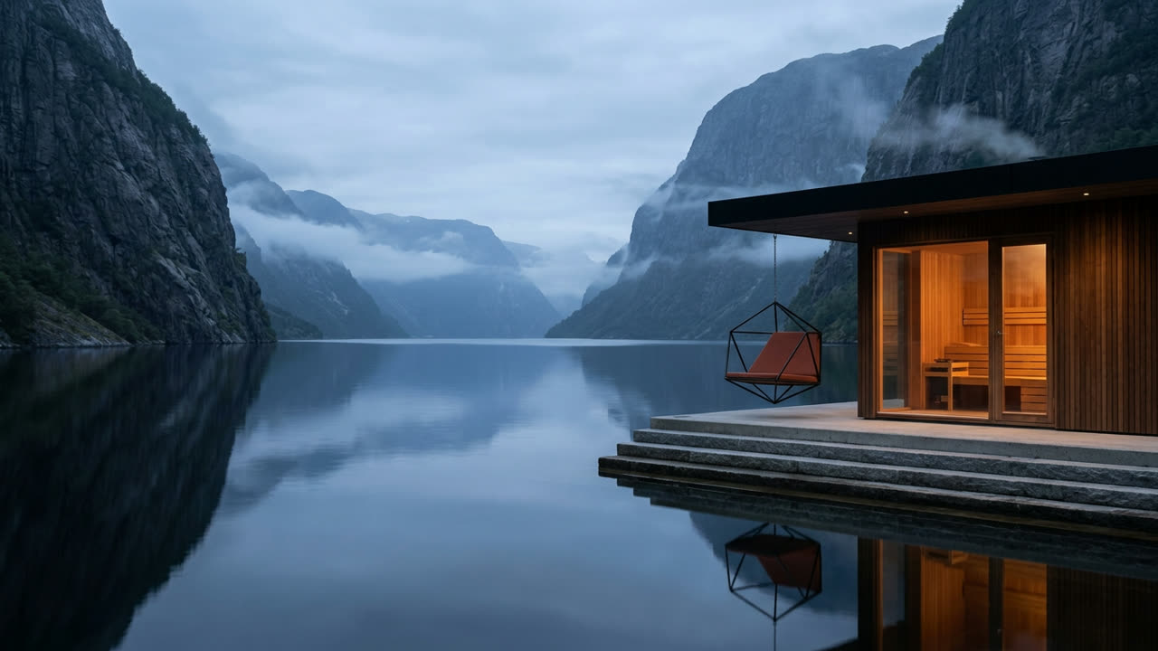 A Koza swing hanging beside a wooden sauna on a still Norwegian fjord at dusk
