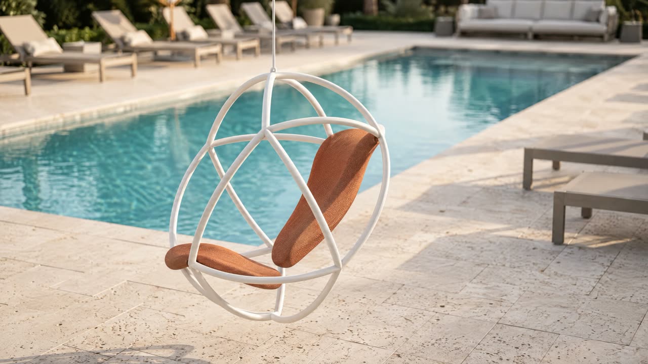 Kora, a white sphere chair with rust-orange seat pads, hanging by a single cable beside a pool on a travertine terrace