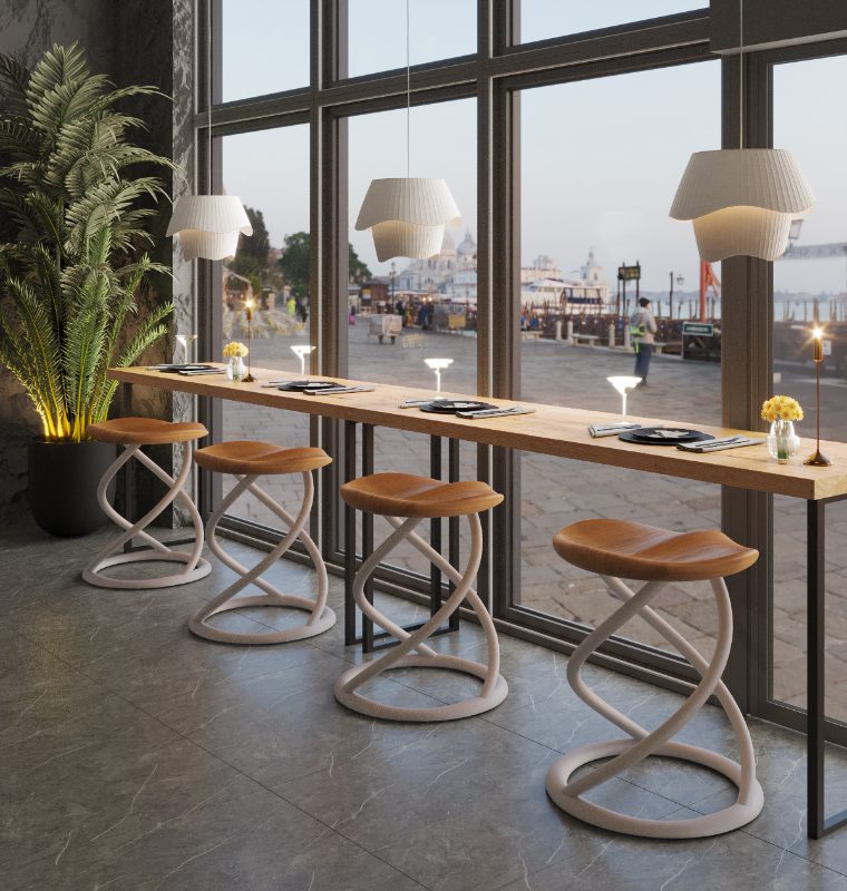 Flux spiral stools along a café counter overlooking a waterfront
