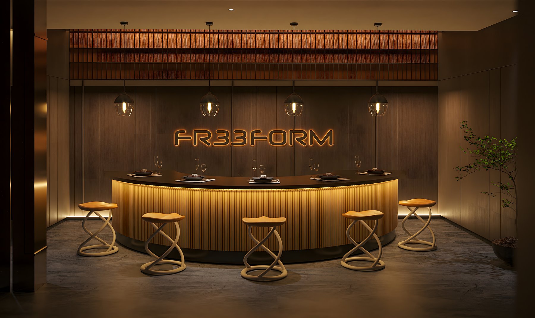 Flux spiral stools around a glowing curved bar under the FR33FORM sign