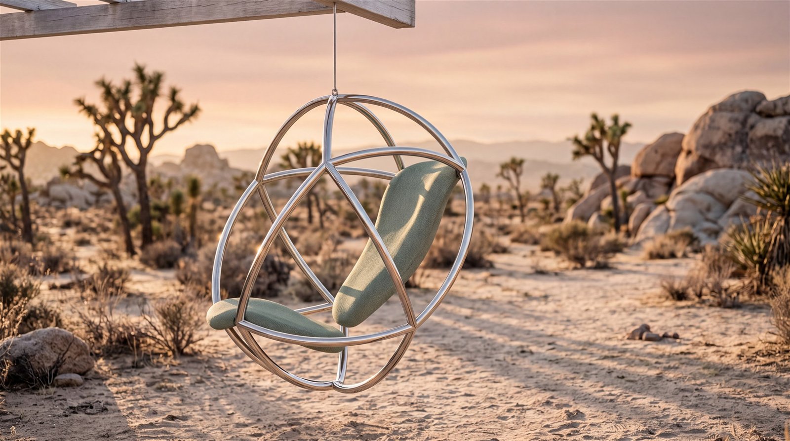 Kora in electro-polished stainless steel hanging in the Joshua Tree desert