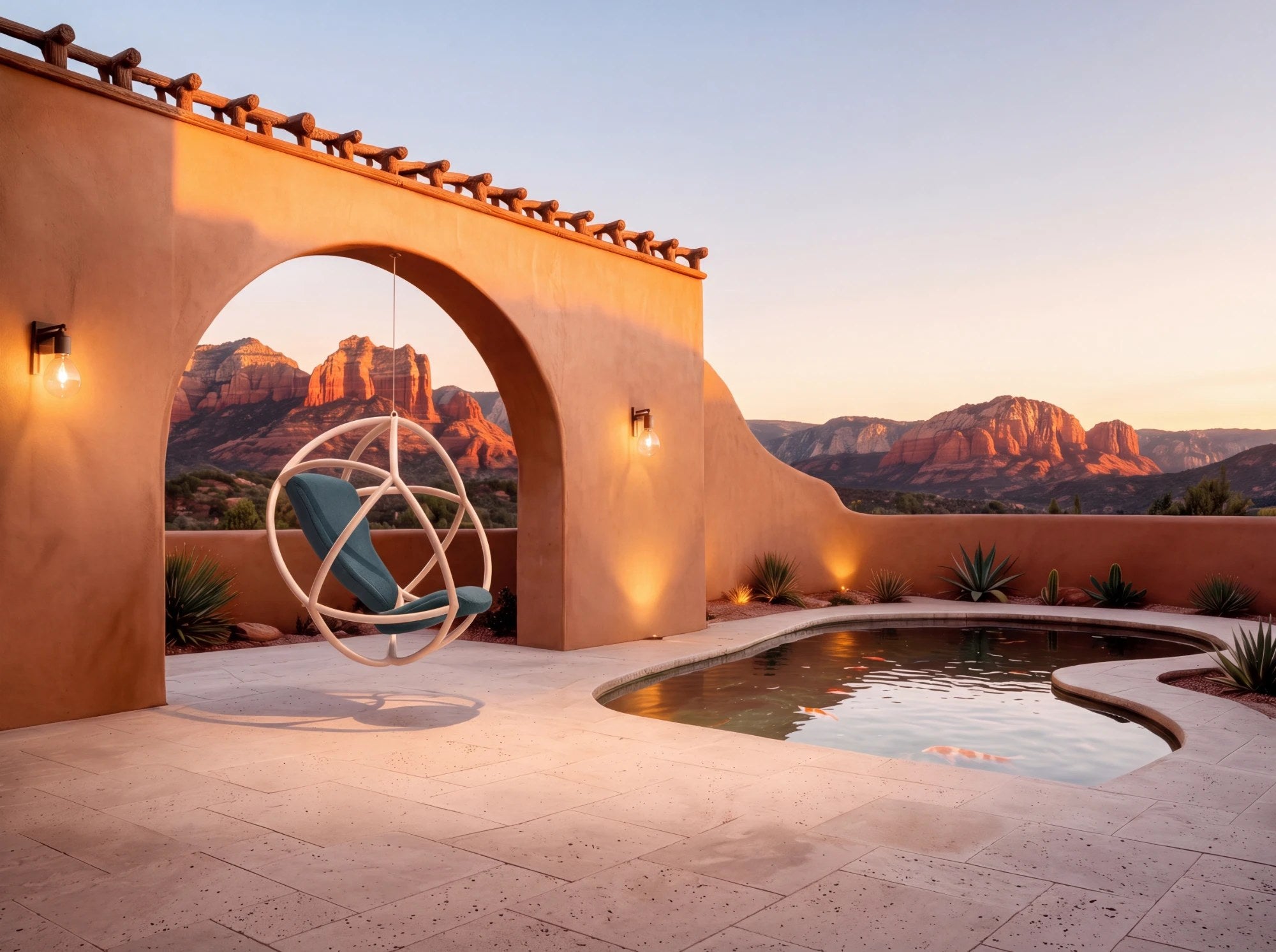 Kora, a sphere of rings with a blue-agave pad, hanging in an adobe arch above a pool, red rocks beyond