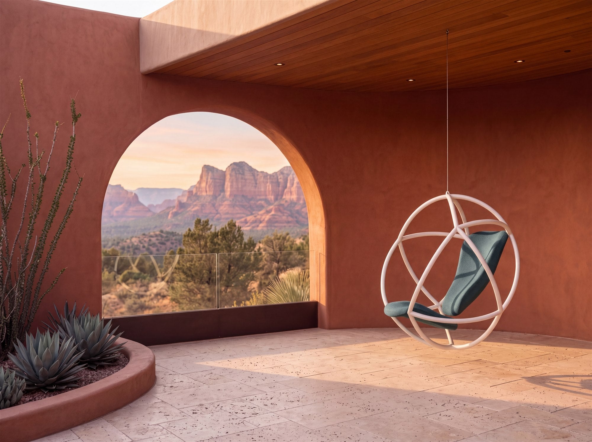 Kora, a white spherical hanging chair with two blue-agave pads, hanging in a terracotta courtyard in front of an arched window onto the red rocks of Sedona, with blue agave in the corner